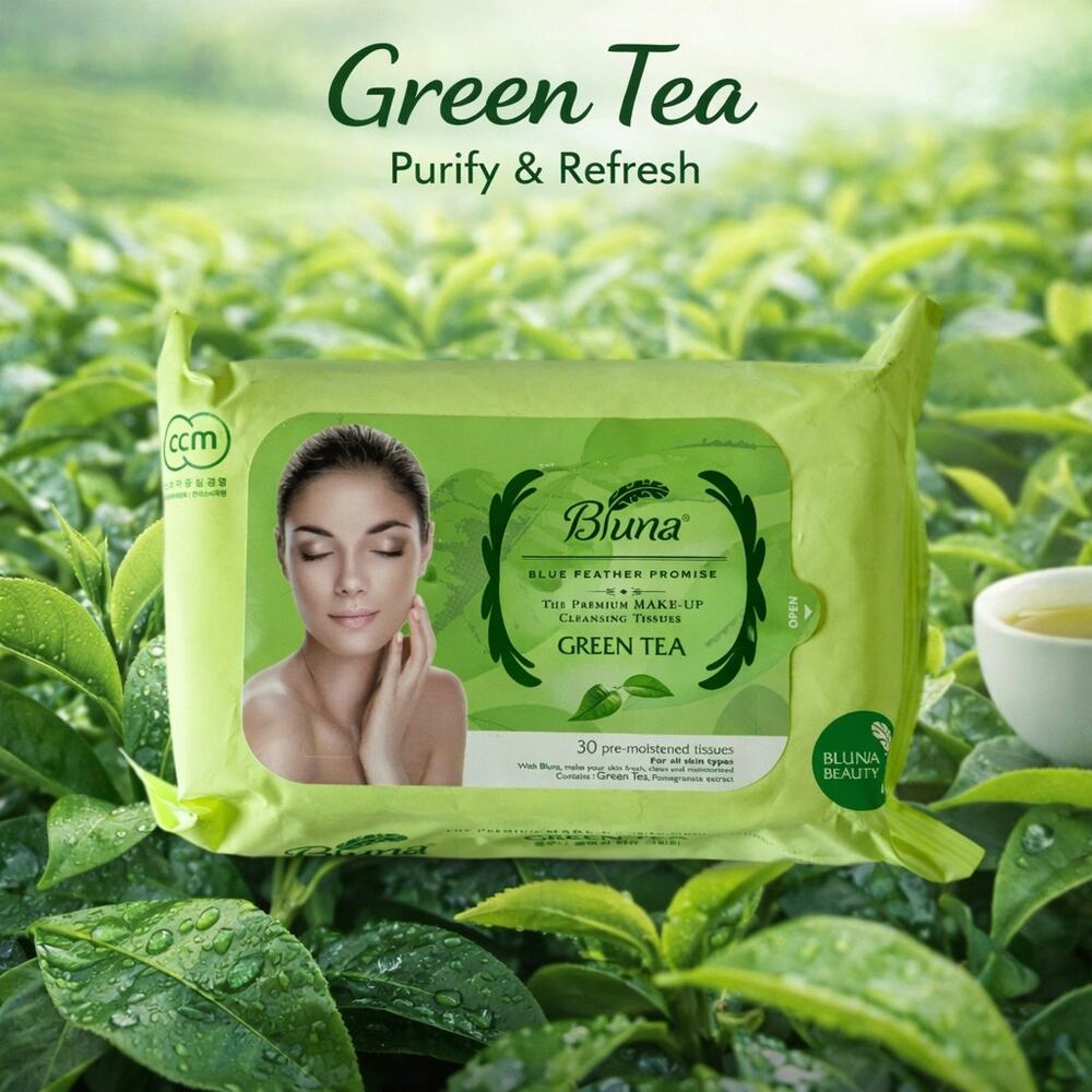 Bluna Green Tea Facial Make Up Cleansing Wipes NEW